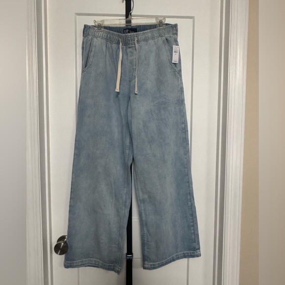 GAP Denim NWT Women's Light Blue high rise Wide Leg Pull on draw string SZ M - Picture 2 of 7